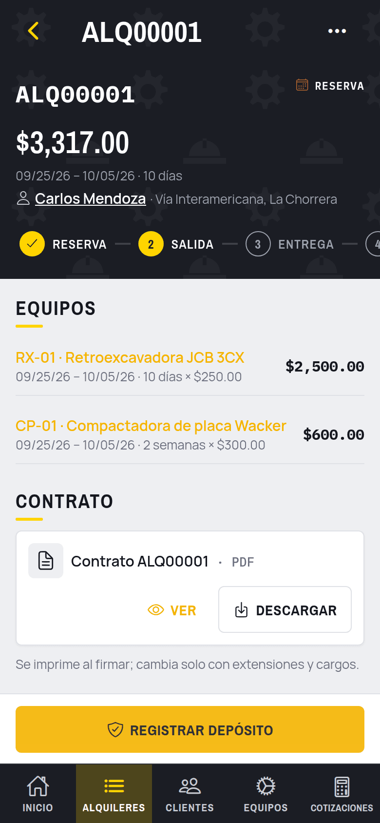 AlquiDiario en un teléfono: el contrato con sus pasos
